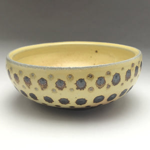 ceramic pottery woodfired bowl yellow with iron brown spot pattern